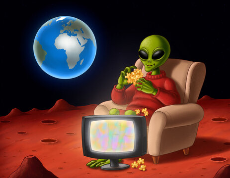Funny alien eating popcorn on an armchair and watching vintage TV on Mars with planet Earth in outer space background, creative sci-fi illustration for World Television Day and media concept.