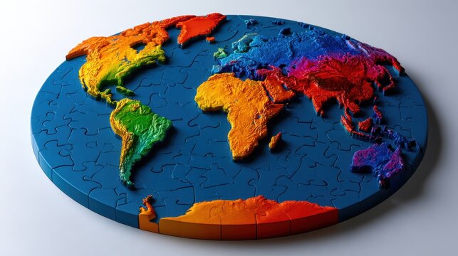 A colorful 3D puzzle map of the world with distinct continents and raised terrains