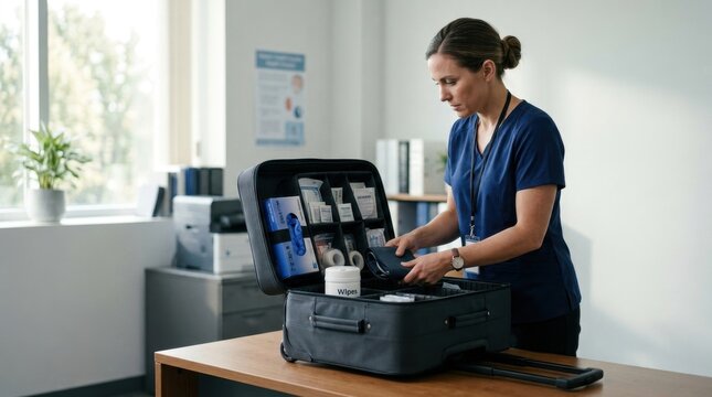 Nurse preparing portable home care kit for patient visit