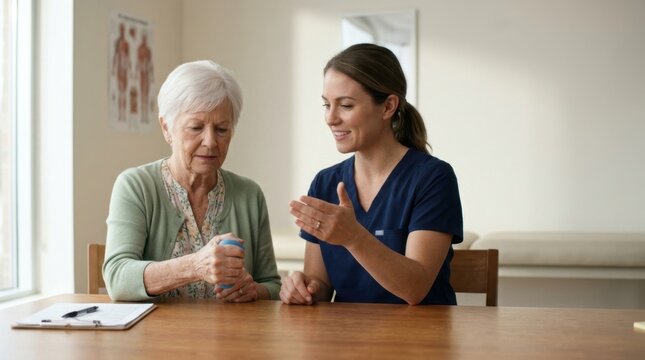Nurse guiding senior woman through hand grip rehabilitation