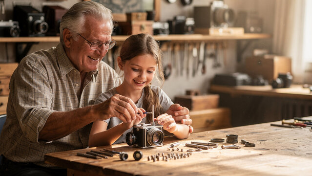 Grandfather and granddaughter repairing vintage camera with tools in sunlit workshop background banner.