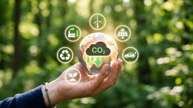 Human hand holding globe with co2 reduction icon surrounded by ecology symbols