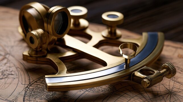 A close-up of a brass nautical instrument resting on a vintage map, showcasing intricate details