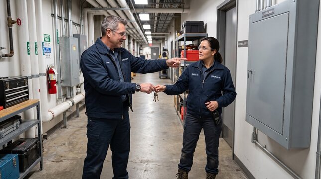 Maintenance supervisors exchange keys during shift handover