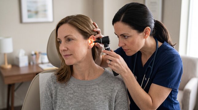 Healthcare professional examines patient ear with otoscope