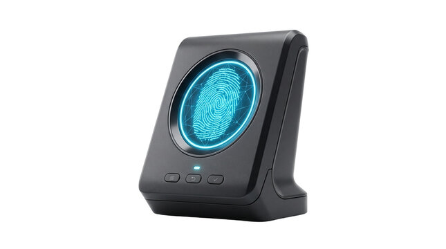 Futuristic biometric fingerprint scanner device, glowing blue digital security reader, high tech identity verification sensor isolated PNG with Transparent Background