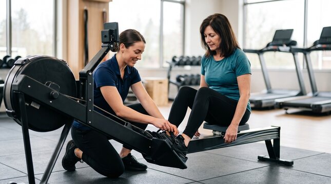 Gym employee shows beginner rowing machine foot straps