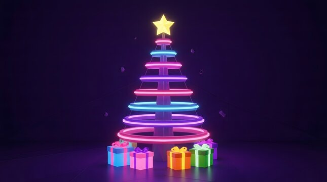 A vibrant neon christmas tree with gifts below a festive and colorful holiday scene