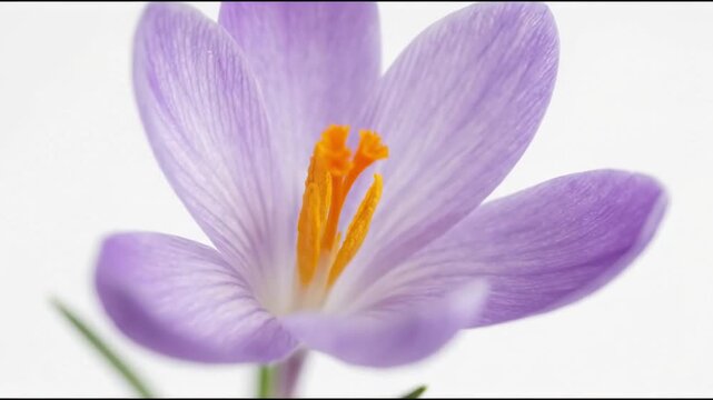 A crocus flower opens in a garden, displaying its purple petals and orange stigma. The background shows natural light enhancing the flower's beauty.
