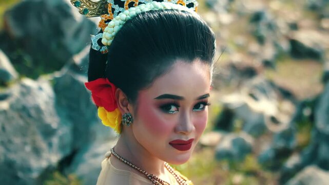 A detailed side profile close-up focusing on the traditional Sanggul hair bun adorned with jasmine and red flowers.