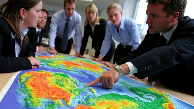 A group of professionals engaged in a discussion over a colorful topographic map in a meeting room