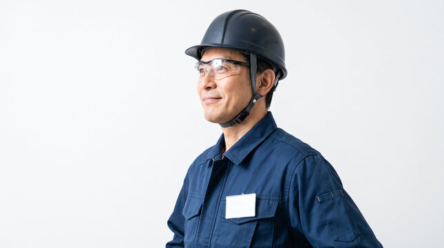 白背景で笑顔を見せる50代のベテラン現場作業員のポートレート：建設業の人材確保と技術継承