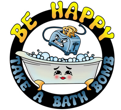 Funny cartoon toaster jumping into bathtub with toast dark humor digital illustration
