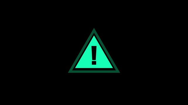 Glowing green triangle warning sign icon animation on black background