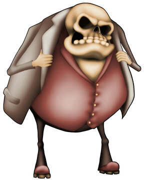 Fat cartoon monster character with skull head and waistcoat digital illustration