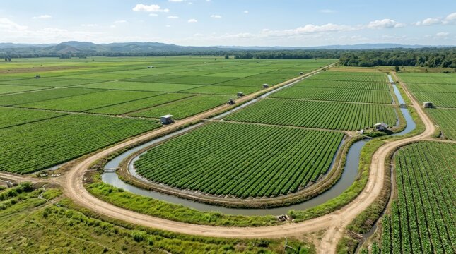 Expansive Sawi Plantation Under a Clear Sky, Showcasing Modern Agricultural Irrigation Systems for Efficient Crop Growth
