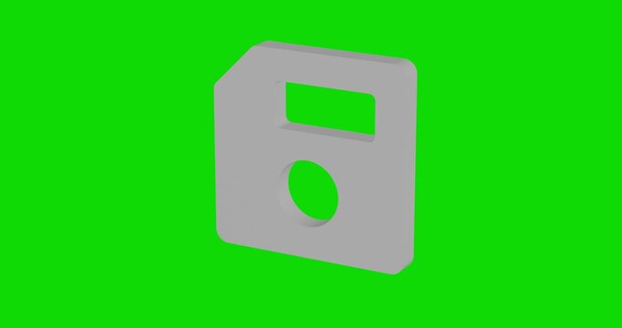 White floppy disk symbol spinning around its vertical axis on a green screen background. Seamless looped 4k 3d animation, chroma key