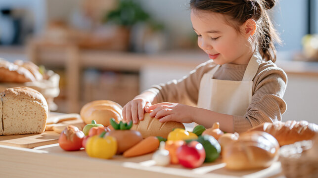 A baker setting out a wooden play kitchen food set including carved bread loaves and vegetables on a child's market stall, imaginative play, role play learning, pretend food toy,