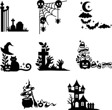 Halloween silhouette corner frames with haunted house, bats and cauldron