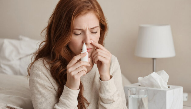 Young woman uses nasal spray while sitting in bed beside tissues and a glass of water, showing cold and seasonal illness symptoms at home.