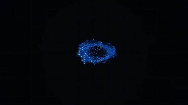 Abstract quantum particle neural network representing artificial intelligence and human cognition, glowing blue digital brain structure with connecting data points on a black background.