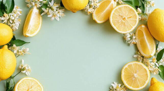 Lemons with sliced citrus, blossoms and leaves arranged around copy space on pastel green background, fresh fruit frame for food and wellness design