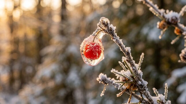 Frozen red berry encased in crystal clear ice during winter forest day