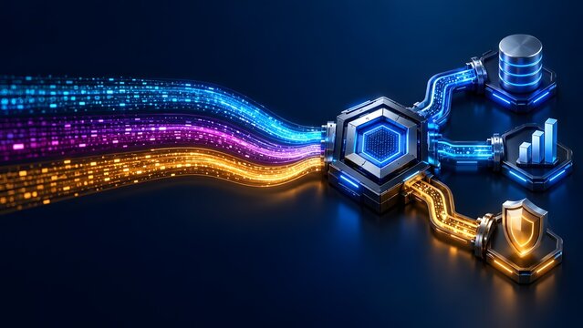 Abstract digital data flow processing through a central hub to database analytics and security modules with glowing neon lights
