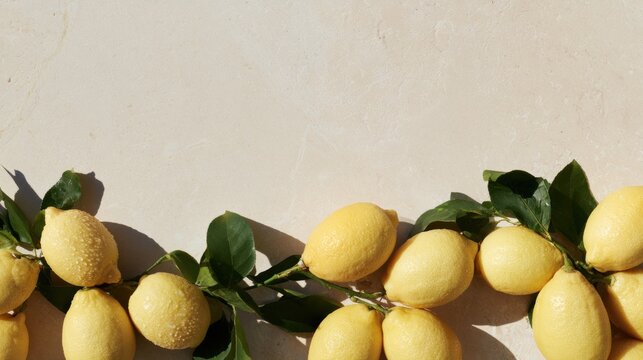 Fresh lemons with leaves arranged along stone background, citrus food styling and copy space for recipe, beverage, packaging and seasonal design