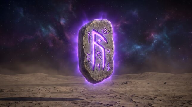 Floating Stone Monolith With Glowing Purple Runes Above A Barren Alien Desert Landscape