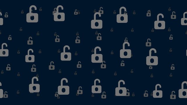 Unlock symbols drift from left to right in three parallax layers, scattered at random. Seamless looped 4k animation on dark blue background