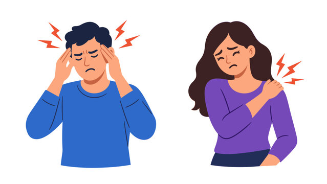 People suffering headache and shoulder pain illustration