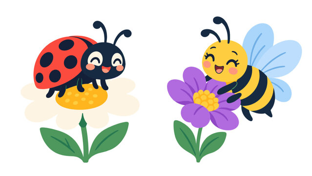 Ladybug and bee on flowers illustration