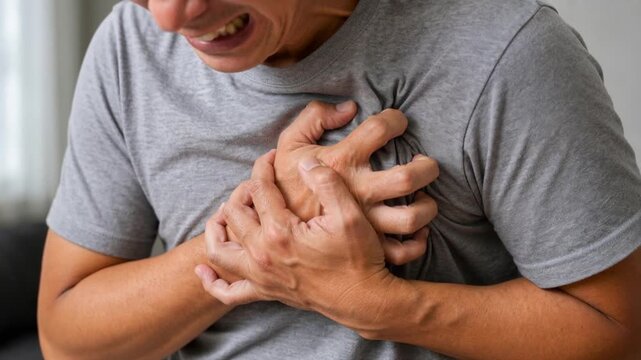 Man clutching chest in pain showing heart attack or severe chest discomfort at home