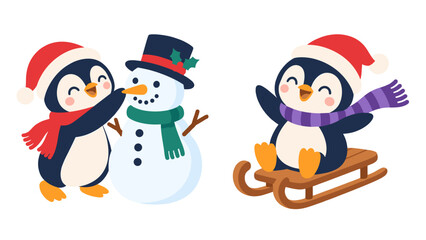Cute penguins with a snowman and wooden sled © Andrei