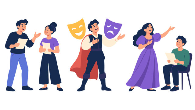 Theater performers acting with comedy and tragedy masks