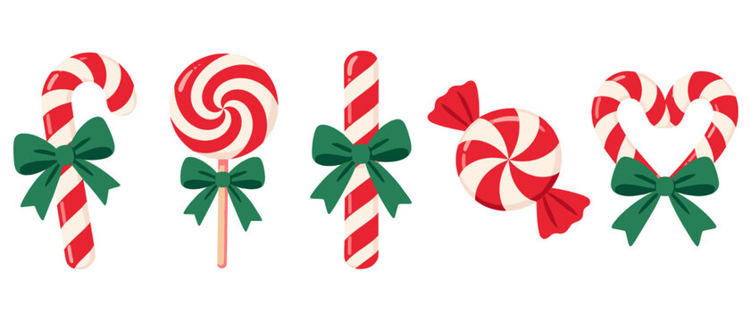 Set of Christmas candy canes and peppermint candies with bows