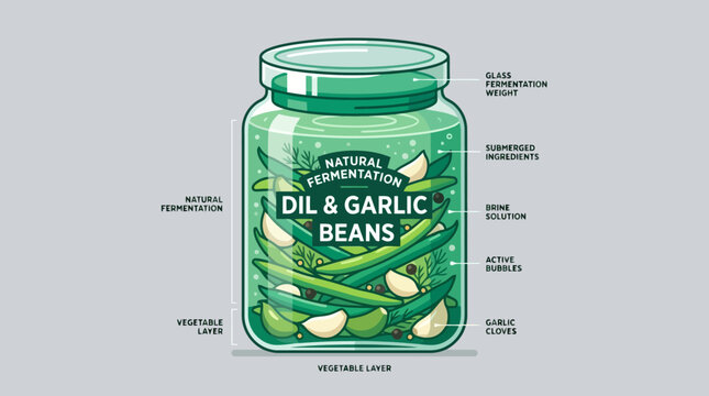 Illustration of a jar of fermented dil and garlic green beans with descriptive labels.