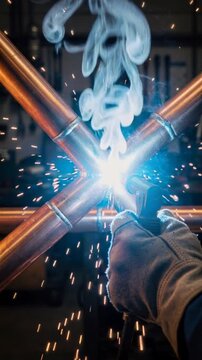 Close up of professional welding copper pipes with sparks and smoke in industrial workshop