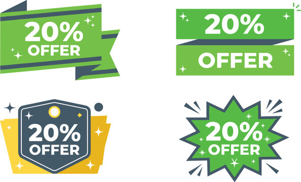 Green and yellow 20 percent offer vector illustration with ribbon banners, badge and starburst for retail promotions