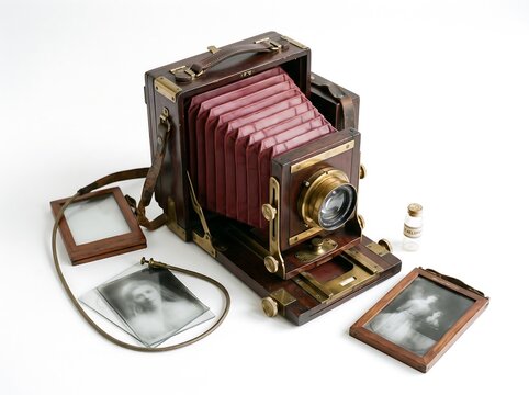 Antique large format wooden bellows camera with glass plate negatives