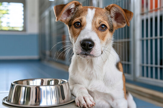 Young puppy with brown and white fur gazes directly at viewer. Metal bowl rests beside him on concrete floor. Background shows blue walls and metal bars. He appears calm, curious