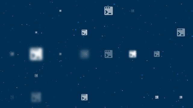 Evenly spaced terminal symbols of different sizes grow, shrink and fade. Seamless looped 4k animation on dark blue background with stars