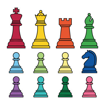 Colorful Chess Set with Pawns and Special Pieces.