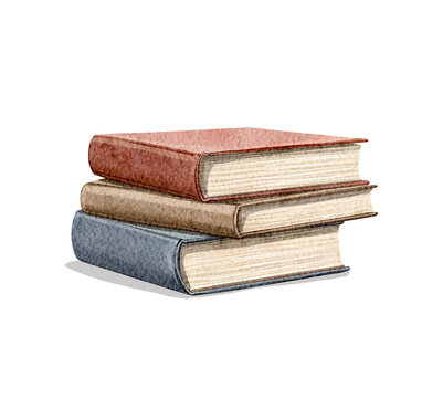 Watercolor Vintage classic bstack of three books of different colors with paper texture isolated on white background. Watercolor and pencil hand drawn illustration sketch