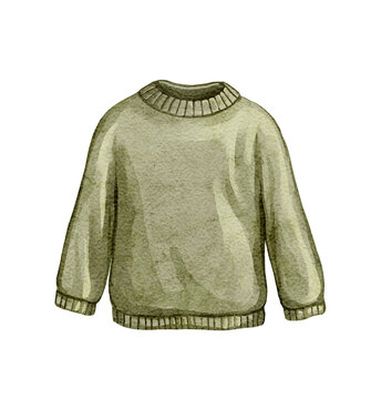 Watercolor Vintage classic cozy green knitted autumn sweater, pullover with paper texture isolated on white background. Watercolor and pencil hand drawn illustration sketch