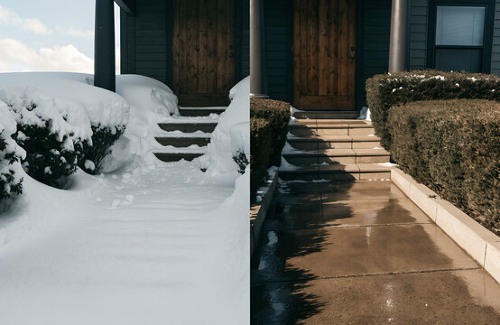 Split image contrasts a house entrance covered in deep snow with bushes on the left, versus the same entrance with clear steps and manicured bushes on the right after snow melting.