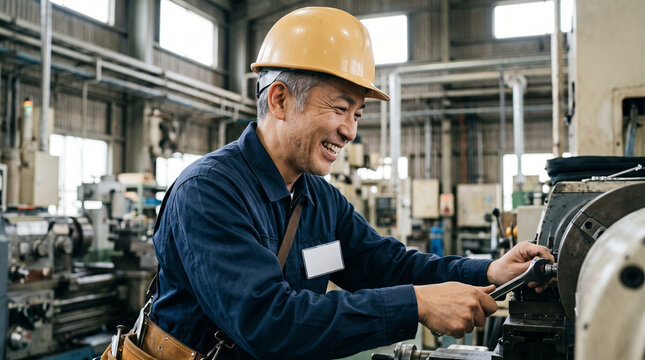 工場現場で笑顔を見せる50代のベテランメンテナンス技術者のポートレート：設備保守と技術継承