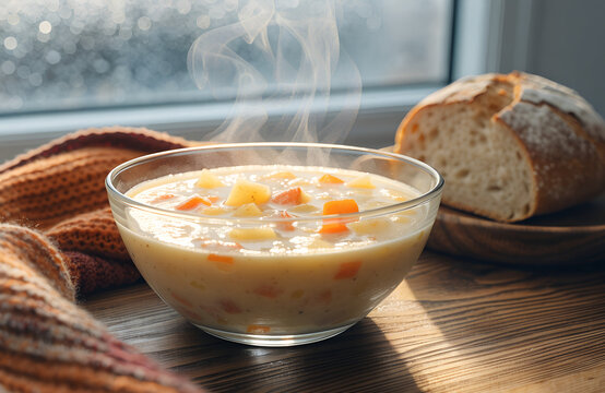 Steaming bowl of hearty vegetable soup served with a slice of crusty bread sits on a wooden table near a cozy knitted scarf, with sunlight streaming through a window.