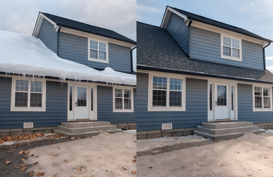 Split image shows a house with heavy snow and icicles on the roof on the left, contrasted with the same house with clear roof and steps on the right after snow removal.